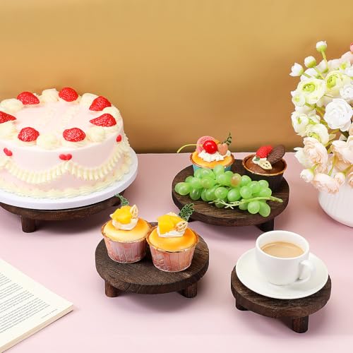 4 Pcs Round Wooden Risers for Display, Wood Pedestal Stand Mini Tiered Tray Stand Rustic Wooden Riser Holder for Home Decor Kitchen Counter, 4 Size(Brown)