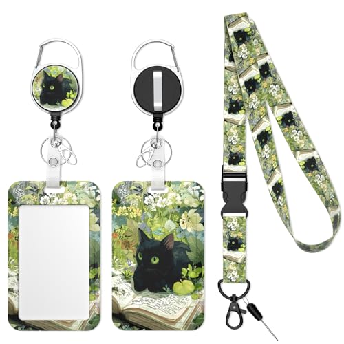 Retractable Badge Holder with Detachable Lanyard, Books Cat - color: Books Cat