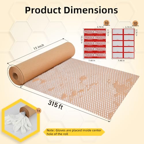 Honeycomb Packing Paper 15"x315' Roll with Fragile & Labeling Stickers, Gloves - Bubble Wrap for Moving,Products & Gifts Wrapping Paper, Recyclable & Biodegradable Cushioning Packing Material.