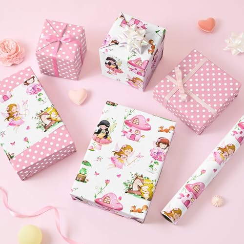WERNNSAI Fairy Wrapping Paper Roll, 16.4ft Pink Fairy Birthday Wrap Paper - color: Fairy Tale