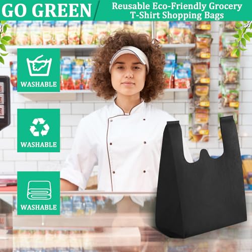 Windyun Reusable Grocery T Shirt Bags Bulk Small Non Woven Shopping Bag 10 x 18 x 5 Inch Foldable Tote with Handle Party Gift - color: Black
