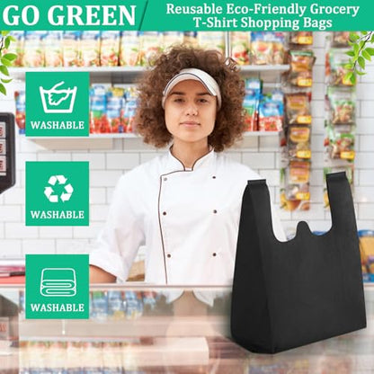 Windyun Reusable Grocery T Shirt Bags Bulk Small Non Woven Shopping Bag 10 x 18 x 5 Inch Foldable Tote with Handle Party Gift - color: Black