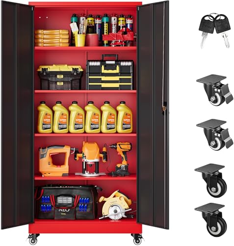 SISESOL 75" Tall Metal Storage Cabinet with Wheels,Rolling Garage Storage Cabinet with Lock,Red Metal Cabinets on Wheels,Locking Tool Cabinets on Wheel for Garage,Home,Office,Shop - color: Red Black, size: 75"H x 31.5"W x 16"D