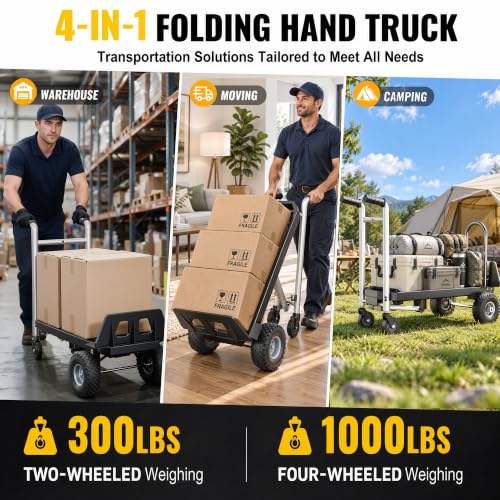 4 in 1 Folding Hand Truck, 1000lbs Capacity Dolly Cart Industrial Convertible Heavy Duty with Retractable Handle and 4 Rubber Wheels, Collapsible Cart for Moving Home, Warehouse, Black-Silver - color: Black Silver-1000