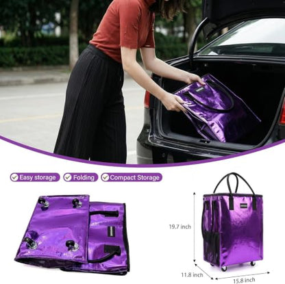 Grocery Bag Rolling Tote Bag on Wheels, Shopping Bag with Wheels Handle - color: Purple