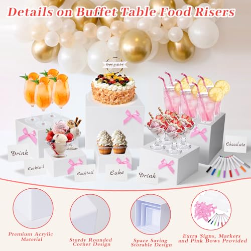 6 Pcs Acrylic Buffet Risers with Mini Signs and Makers for Display Party - color: White