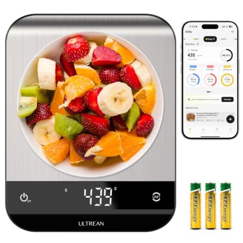 Ultrean Smart Food Kitchen Scale with Nutritional Calculator, App for Macro & Calorie Tracking, AI Scan, Digital Grams and Ounces for Weight Loss, Rechargeable, Stainless Steel, 33lb /15kg - color: Brushed Silver