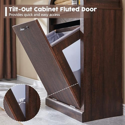 IFGET Arch Tilt-Out Trash Can Cabinet, Fluted Kitchen Trash Can 10 Gallon with Open Shelf, Modern Laundry Hamper Cabinet, Hidden Garbage Can with Storage Basket for Living Room, Kitchen Brown - color: Brown