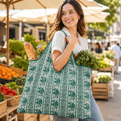 Reusable Shopping Bag, 16 x 16 inch Large Foldable Grocery Hand Tote, Shoulder Waterproof Portable Pocket - color: Green Elephant