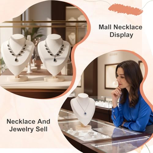 2 Pcs Necklace Display Stand Bamboo, Wooden Jewelry Bust Holder with Beige Velvet, 9.1 Inch Height, 6.6 Inch Width, Ideal for Home or Store Showcase, Organizer and Photography Prop