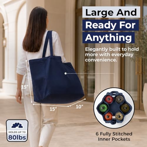 VeraMia Canvas Grocery Bag 3pc XL Set with Real Pockets, Long Shoulder Strap and Short Handle. Heavy Duty, Foldable, Washable - color: Navy Blue
