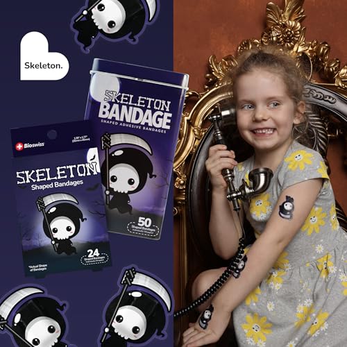 BioSwiss Bandages, Halloween Skeleton Shaped Self Adhesive Bandage Set, Latex Free, Sterile Wound Care, 24 Count - size: 24-Count Box, style: Skeleton