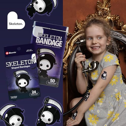 BioSwiss Bandages, Halloween Skeleton Shaped Self Adhesive Bandage Set, Latex Free, Sterile Wound Care, 24 Count - size: 24-Count Box, style: Skeleton