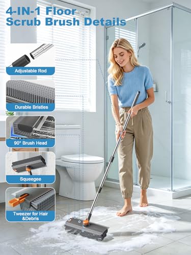Floor Scrub Brush with Long Handle, 4 in 1 Shower Scrubber with Floor Squeegee and Heavy-Duty Stiff Bristle Push Broom for Cleaning Shower Bathroom Patio Pool Kitchen Wall Deck Tile Garage - color: Gray
