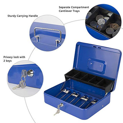 KYODOLED Locking Cash Box with Lock,Money Box with Cash Tray,Lock Safe Box with Key,Money Saving Organizer,11.81Lx 9.45Wx 3.54H Inches,Blue XL Large - color: Blue
