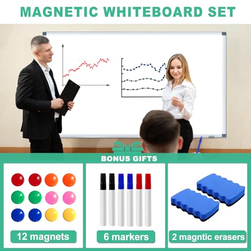 H-Qprobd Dry Erase White Board for Wall 6' x 3' Large Magnetic Whiteboard 72"x36" Aluminum Presentation Whiteboard with Long Pen Tray, 6 Markers, 2 Erasers &12 Magnets - size: 72"x36"