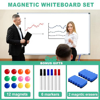 H-Qprobd Dry Erase White Board for Wall 6' x 3' Large Magnetic Whiteboard 72"x36" Aluminum Presentation Whiteboard with Long Pen Tray, 6 Markers, 2 Erasers &12 Magnets - size: 72"x36"
