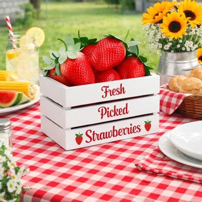 Maitys Mini Strawberry Table Decor, Wooden Crate with 8 Faux Strawberries