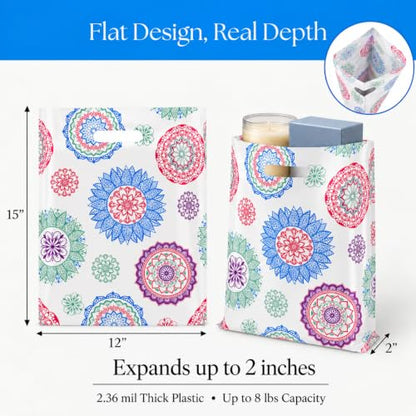 Rainbows & Lilies Mandala Plastic Bags with Handles, White, 100pk, 12x15 in - color: White Mandala Design