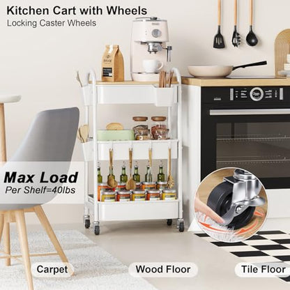 3 Tier White Metal Heavy Duty Rolling Cart with Wheels and Wooden Table Top - color: White