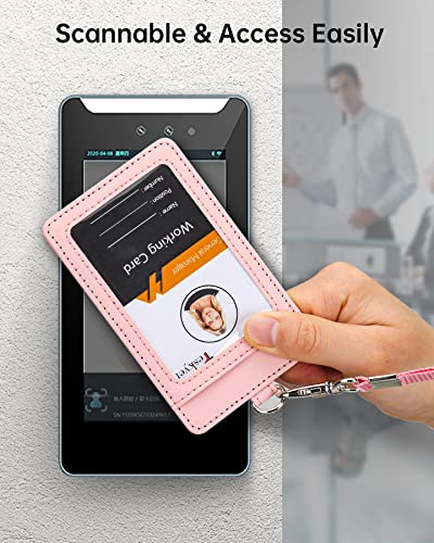 Teskyer Leather ID Badge Holder with Lanyard, Vertical Starry Pink - color: Starry Pink, size: Vertical