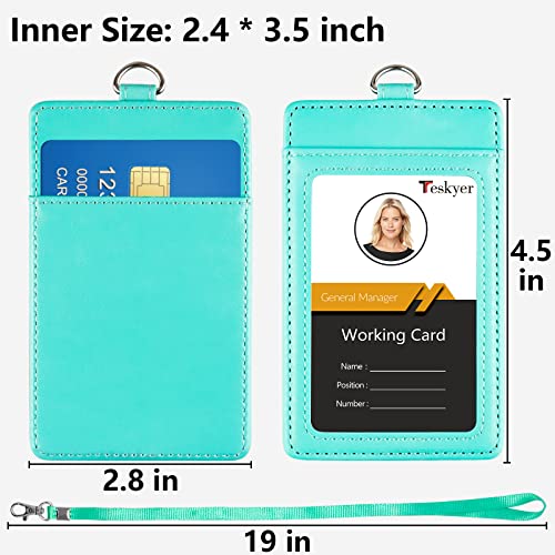 Teskyer Leather ID Badge Holder with Lanyard, Vertical Cyan - color: Green, size: Vertical