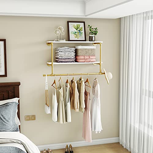 Gold Wall Mounted Clothes Rack with 2 Tier Shelves, 42" Long, Heavy Duty Iron and Wood Construction, Ideal for Clothes, Laundry Room - color: Gold, size: 42"L