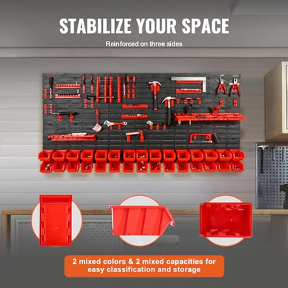 VEVOR Wall Mounted Storage Rack System, 30-Bin Parts Rack Organizer with Wall Panels/Tool Holders/Hooks, Garage Plastic Shop Tool Organizer for Nuts, Bolts, Screws, Nails, Beads, Buttons