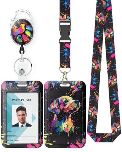 Uniclife Fashionable Sliding Badge Holder Cute Dog Plastic Case with Retractable Badge Reel Carabiner Clip & Detachable Lanyard Strap Vertical Card Protector for Women Nurse Teacher Student - color: Paint Dog