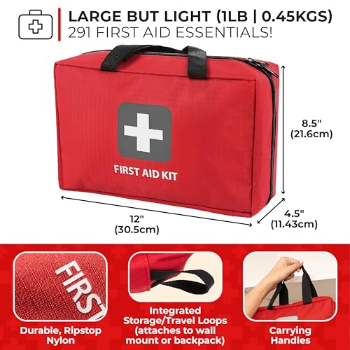 Thrive Home Essentials First Aid Kit (291 Pieces) - First Aid Bag with Multi-Sized Bandage, Gauze, Wipes, Scissors, Gloves, Tape, Ice Pack and More - style: 291 Piece - Red