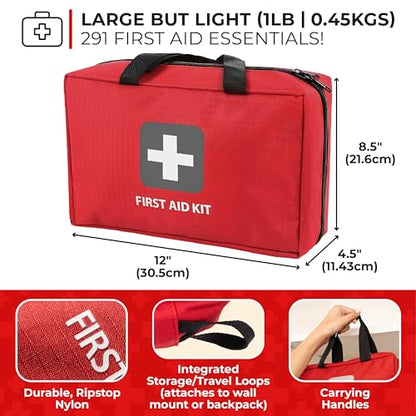 Thrive Home Essentials First Aid Kit (291 Pieces) - First Aid Bag with Multi-Sized Bandage, Gauze, Wipes, Scissors, Gloves, Tape, Ice Pack and More - style: 291 Piece - Red