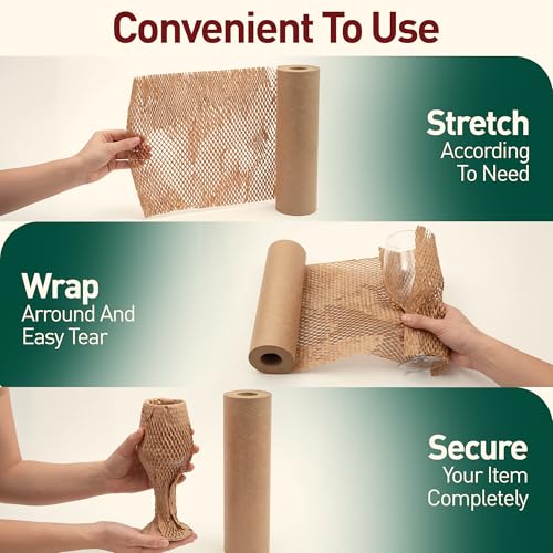Honeycomb Packing Paper, 15 Inch x 100 FT – Eco-Friendly Recyclable Cushioning Wrap Roll for Moving & Shipping, Bubble Wrap Alternative with Rope, Ribbon & 40 Fragile Stickers - size: 15" x 100'