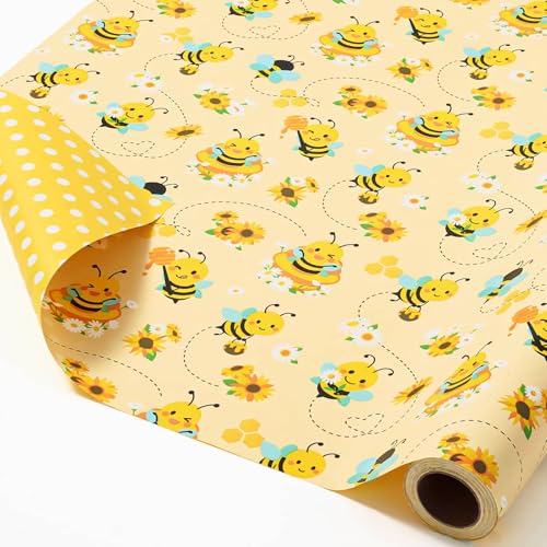 WERNNSAI Bee Daisy Wrapping Paper - 33 ft Honey Bee Wrapping Paper for Kids - color: Bee and Daisy