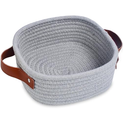 ABenkle Small Storage Basket, Mini Baskets, Cute Rope Woven Baskets for Organizing, Square Shelf Storage with Handle, Boho Decorative Toy Bin for Nursery, Spa, Empty Gift Basket - XS,Grey - color: Grey