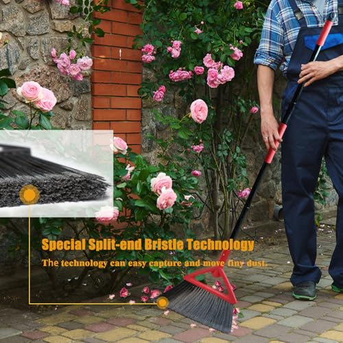 Heavy Duty Angle Broom, 3 Pack Longer Commercial Brooms, Swipe Brooms for Sweeping Indoor Outdoor, Perfect Red Broom of Kitchen, Garage, House, Restaurant - color: Red *3p