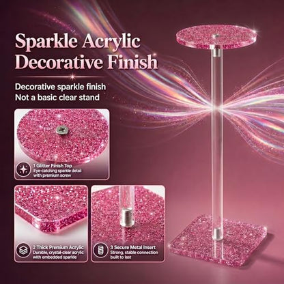 Glitter Pink Acrylic Wig Stand 30cm, Medium Flat Top Tabletop Hat Display Stand for Wigs, Baseball Caps, Fedoras & Lightweight Hats, Sparkle Holder for Vanity, Salon, Boutique - size: Glitter Pink-12Inch-M