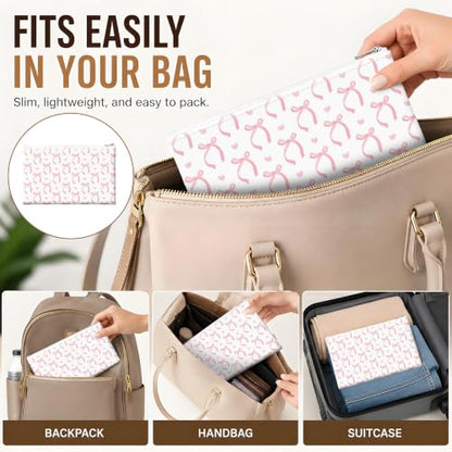 Money Bag with Zipper, Cute PU Leather Cash Bags, Portable Bank Bag Money Pouch for Cash, Coins, Checks, Receipts, Invoices Cosmetics Tools, Deposit Bag for Office Travel, Pink Ribbon - color: Pink Ribbon