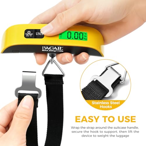 BAGAIL Digital Luggage Scale, 110lbs Hanging Baggage Scale with Backlit LCD Display, Portable Suitcase Weighing Scale, Travel Luggage Weight Scale with Hook, Strong Straps for Travelers - color: Yellow