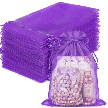 FUNFERY 100Pcs Purple Organza Bags 5x7 in,Small Mesh Drawstring Gift Bag - color: Dark Purple