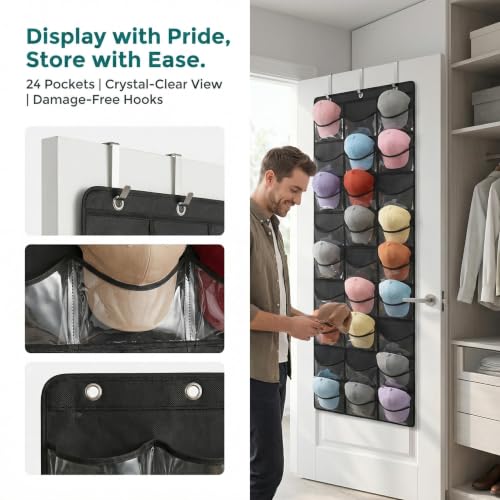 Baseball Cap Rack, Door-Mounted Cap Rack, Wall-Mounted Cap Rack, 24 Pockets, Polyester