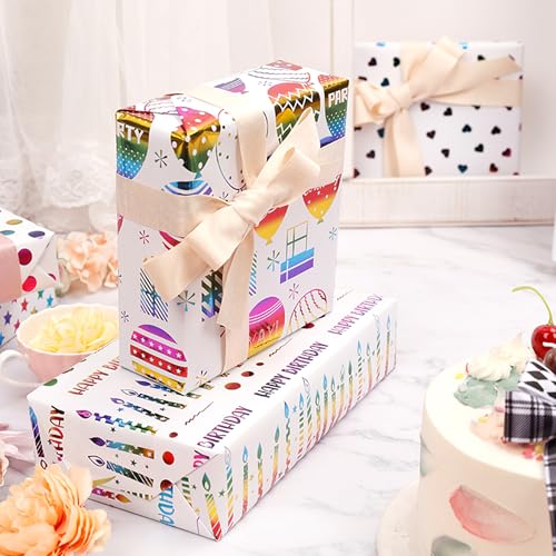 VOWOVOSDAY Happy Birthday Wrapping Paper Roll-3 Rolls-17 inch x 120inch Per roll-Colorful Foil Birthday Wrapping Paper for Valentine's Day,Kids Girls Birthday,Baby Shower(10Balloon&Candle) - color: Iridescent Happy Birthday & Balloon & Candle