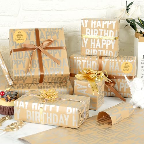 MAMUNU Birthday Wrapping Paper Roll, Silver and Brown Kraft Happy Birthday Wrapping Paper Jumbo Roll for Boys Girls Women Men, 17x590 inch (70 sq. ft.) - color: Silver