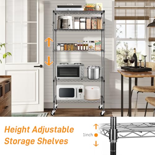 BolDuck 5 Tier Storage Shelves with Wheels, 1750lbs Capacity Heavy Duty Shelving Units, 14x36x75inch Adjustable Metal Shelf Wire Shelving Rack for Garage, Kitchen, Office, Black - size: 5 Tier Shelf