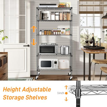 BolDuck 5 Tier Storage Shelves with Wheels, 1750lbs Capacity Heavy Duty Shelving Units, 14x36x75inch Adjustable Metal Shelf Wire Shelving Rack for Garage, Kitchen, Office, Black - size: 5 Tier Shelf