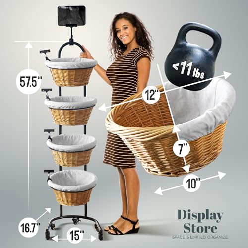 4 Tier Wicker Basket Display Stand for Retail with Wheels and Sign Clips