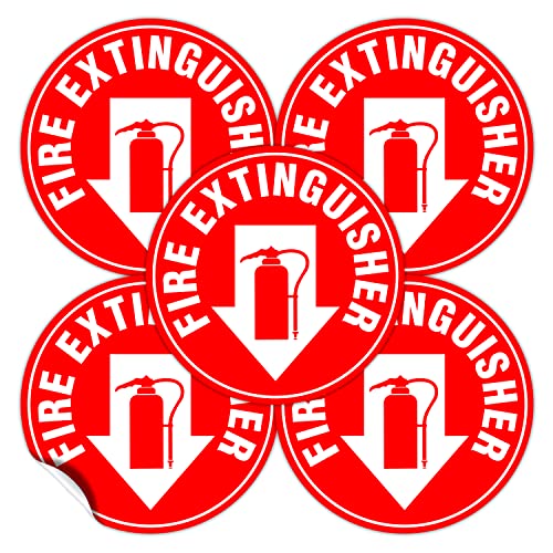 (Set of 5) Fire Extinguisher Sign | 4.5" Circle | Durable Self Adhesive 4 Mil Vinyl | Laminated | Scratch & Fade Resistant | Waterproof - Fire Safety Stickers for Building, Office,