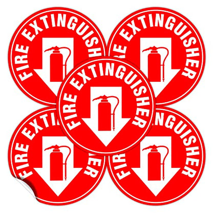 (Set of 5) Fire Extinguisher Sign | 4.5" Circle | Durable Self Adhesive 4 Mil Vinyl | Laminated | Scratch & Fade Resistant | Waterproof - Fire Safety Stickers for Building, Office,