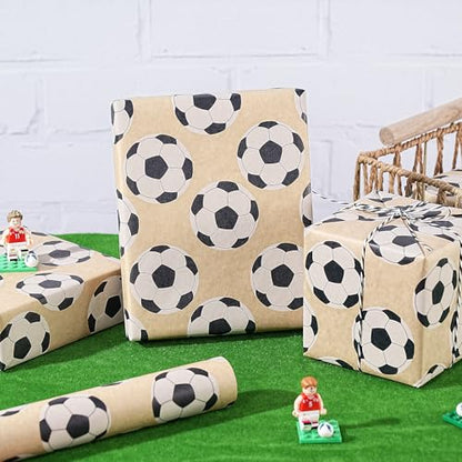 RUSPEPA Football Wrapping Paper Roll for Men Boys Kids, Mini Roll, Black and White Soccer Ball Design Kraft Gift Wrap for Birthday, Game Day, Sports Party, 17 Inches x 16.4 Feet - color: Kraft Classic Soccer