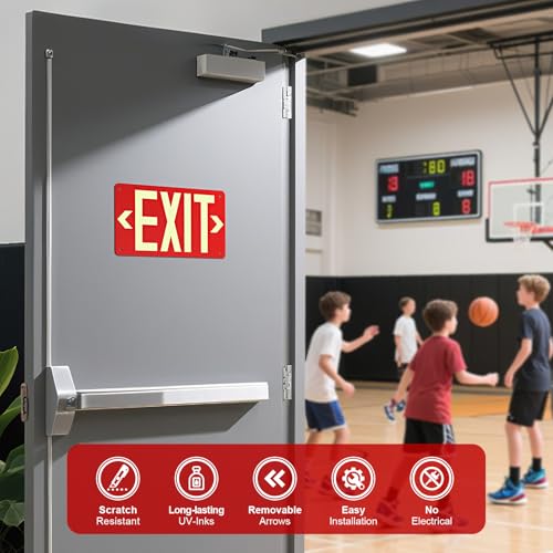 Photoluminescent Aluminum Exit Sign Red Glow in The Dark, 12x7 In Self-Adhesive Backing Emergency Exit Sign Sticker with Removable Arrows, Non-Electrical for 50 Feet Visibility (2 Pack) - color: 2 Pack