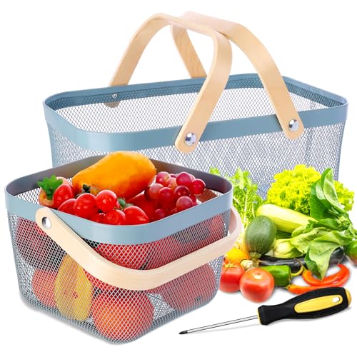 2 Pack Garden Harvest Basket, Metal Mesh Wire Picnic Basket with Handle - color: Blue